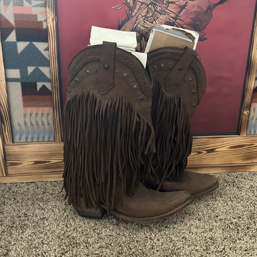 LIBERTY Black Brown Suede Fringe Heeled Cowboy Boots